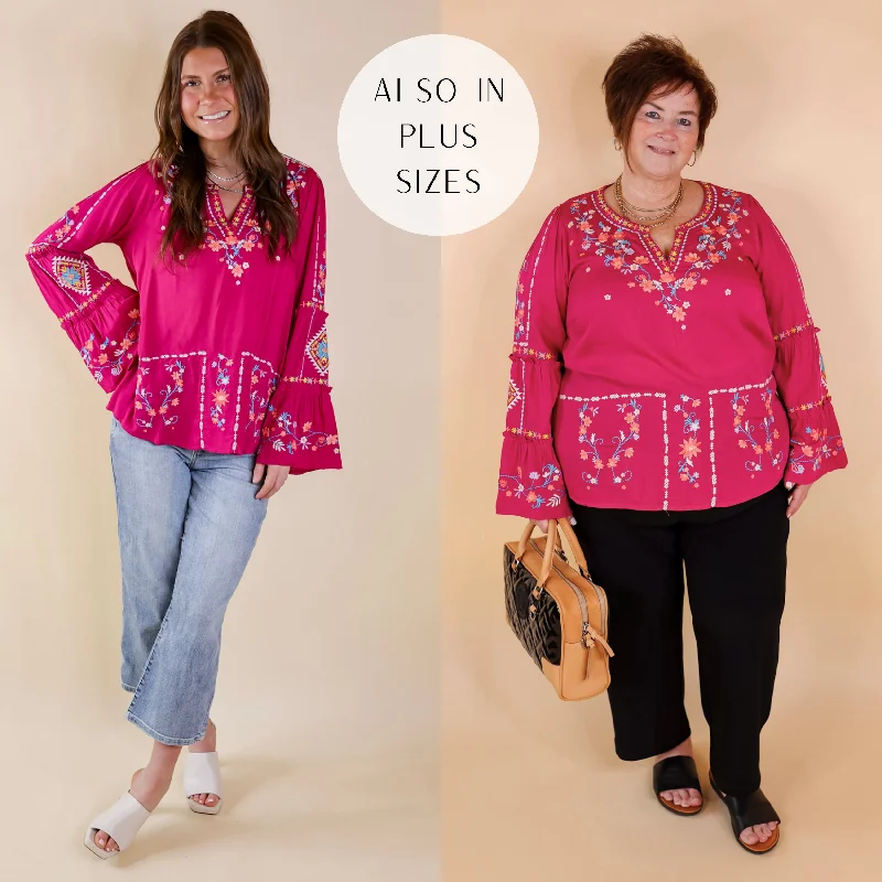 Sophisticated Fashion Pretty Stroll Floral Embroidered Top with Long Bell Sleeves in Magenta Pink