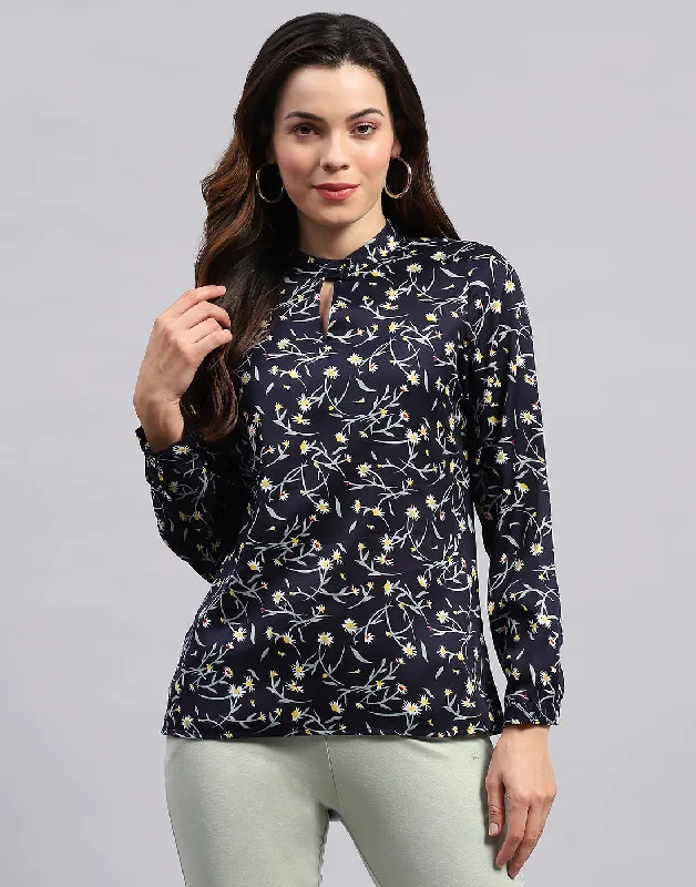 Hot Sale Women Navy Blue Printed Band Collar Full Sleeve Top