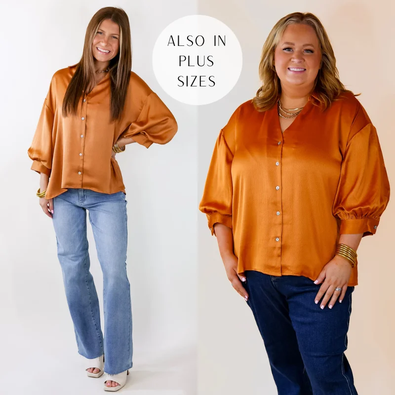 Cool Prices Sweet Notion Button Up 3/4 Balloon Sleeve Top in Pumpkin Orange