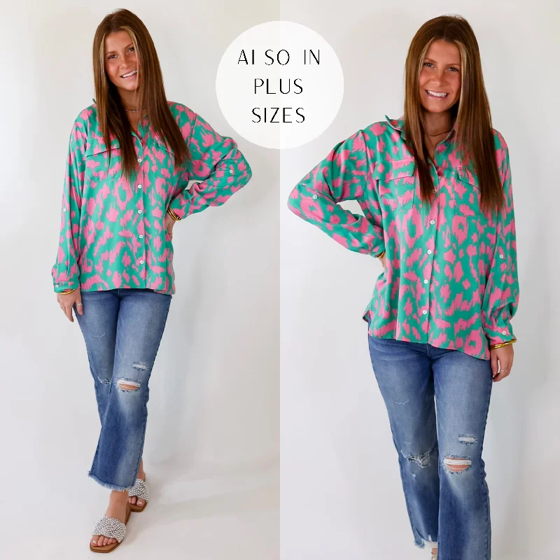 Clearance Sale, All Cheap Fun and Adventurous Button Up Top With Pink Abstract Leopard Print In Green