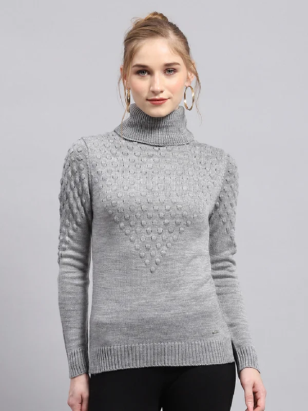 Fashion Deal Women Grey Self Design High Neck Full Sleeve Winter Tops