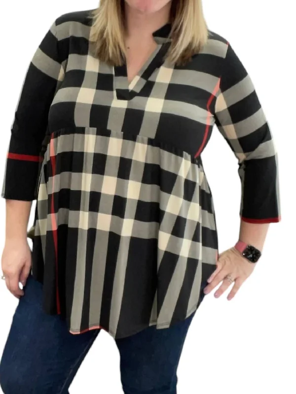 Chic Trends Unveiled Plaid Babydoll Top In Black Multi