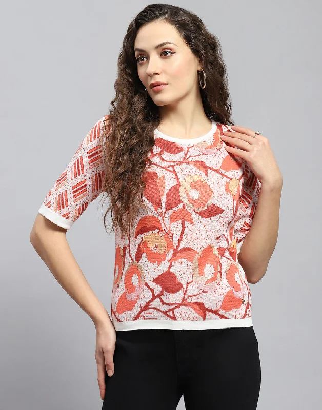 Budget Saver Women Rust Printed Round Neck Half Sleeve Top