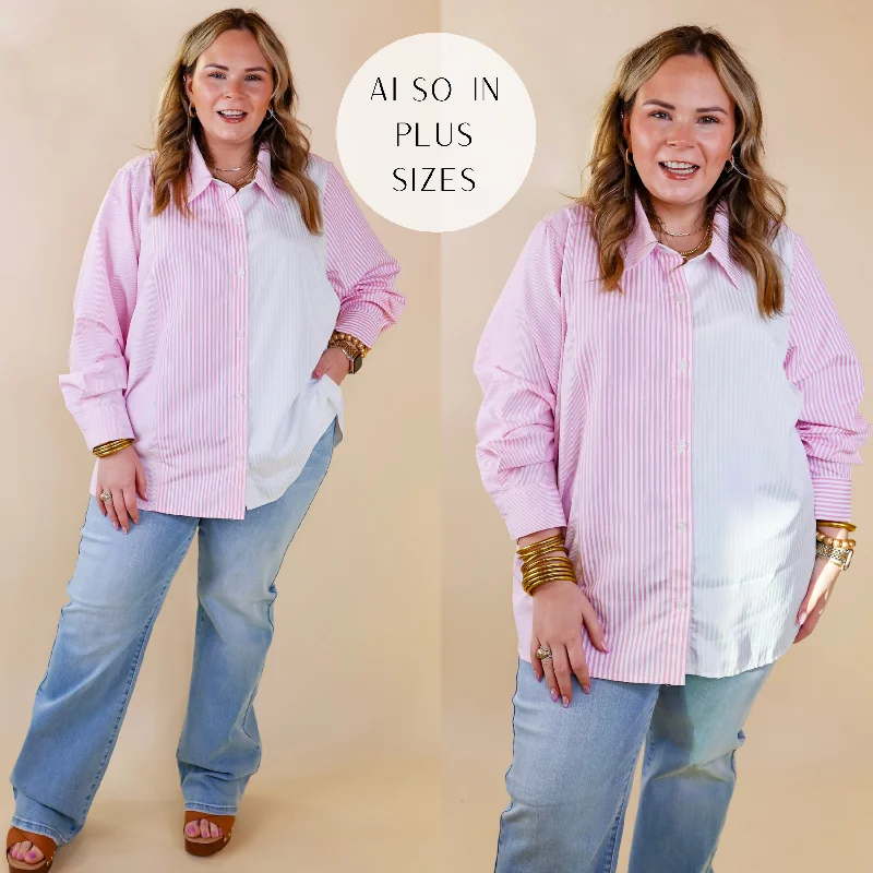 Glamorous Fashion Offers Back To You Pin Stripe Color Block Button Up Top in Pink and White