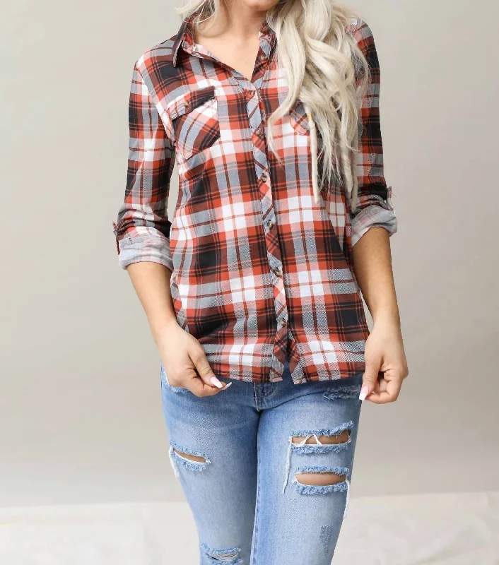 Playful Fashion Offers Plaid Top In Rust/ivory/black