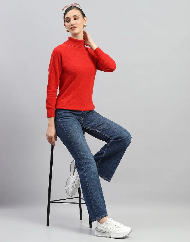 Trendy Street Style Women Red Solid Turtle Neck Full Sleeve Winter Top