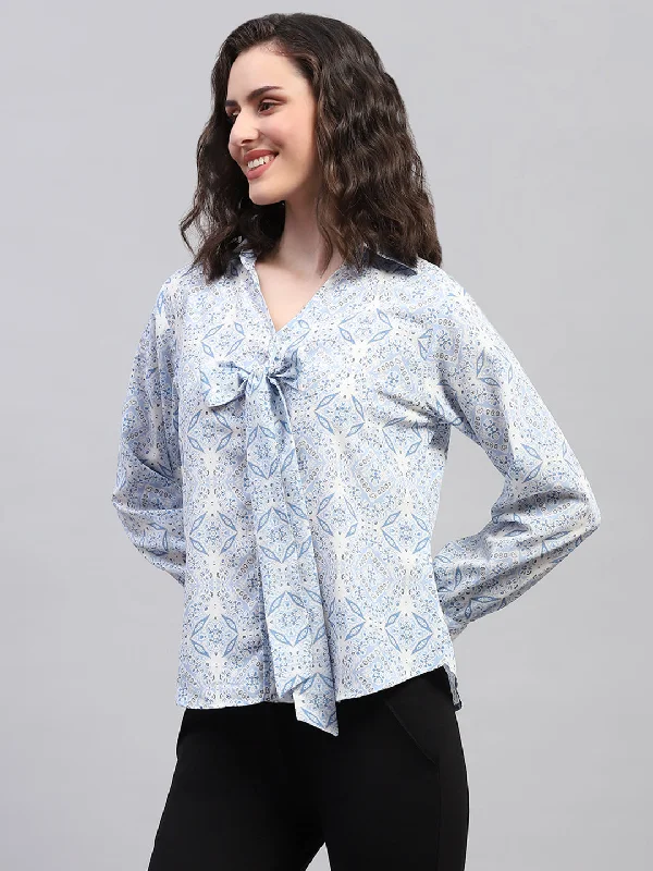 Modish Fashion Discounts Women Blue Printed Collar Full Sleeve Top