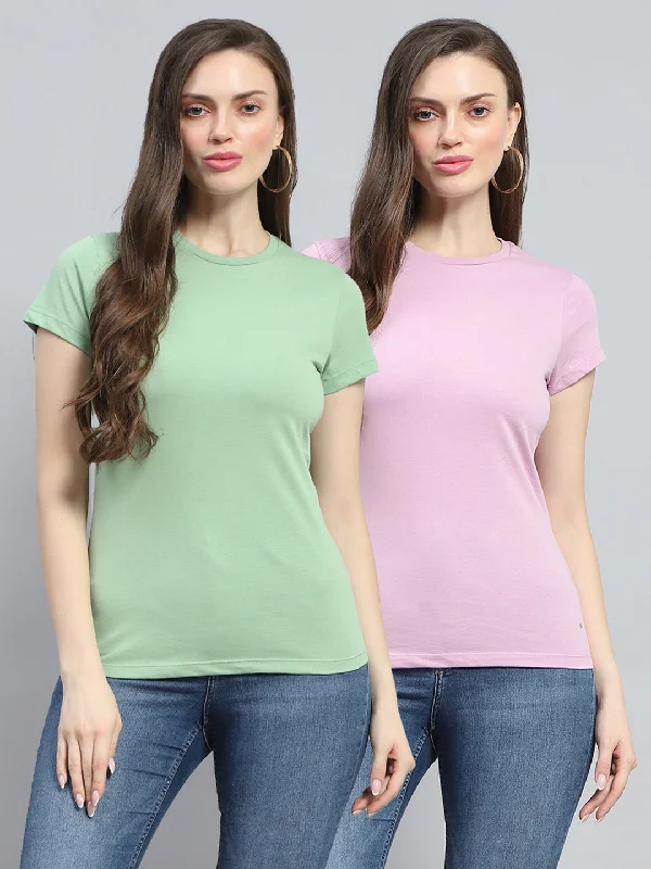 Limited Time Deal Women Pink & Green Solid Round Neck Half Sleeve Top 2Pc Set