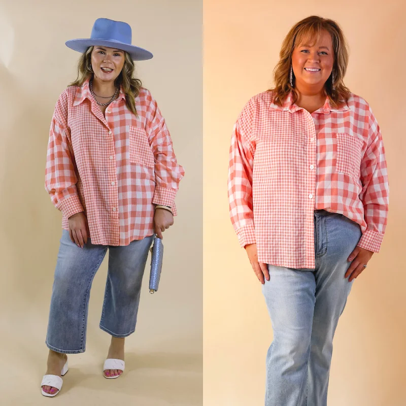 Street Chic Discounts Waiting For You Mix Plaid Button Up Top in Coral Orange