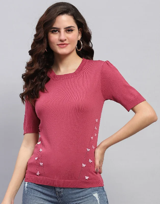 Cozy Comfort Style Sale Women Pink Solid Round Neck Half Sleeve Top