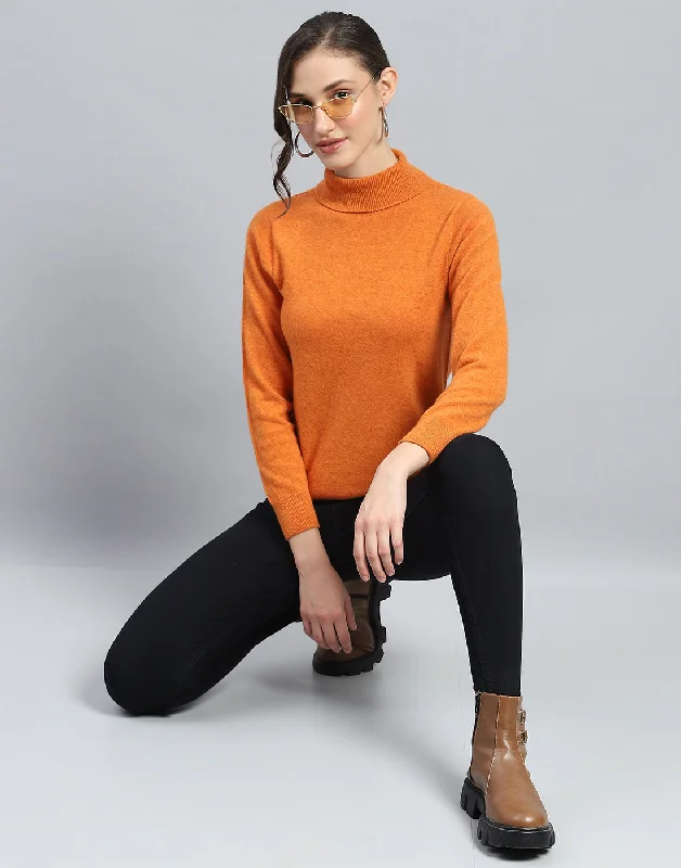 Casual Fashion Women Orange Solid Turtle Neck Full Sleeve Winter Top