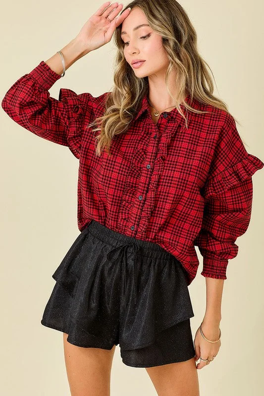 Fashion Forward Femininity Plaid Shirt With Ruffles & Smocked Sleeve Cuffs