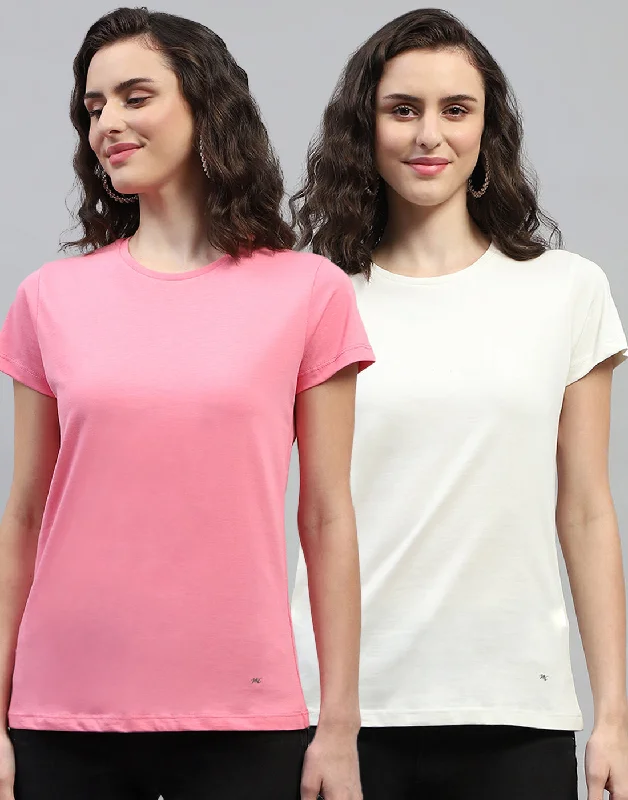 The Latest Fashion Trends Women Off White & Pink Solid Round Neck Half Sleeve Top (Pack of 2)