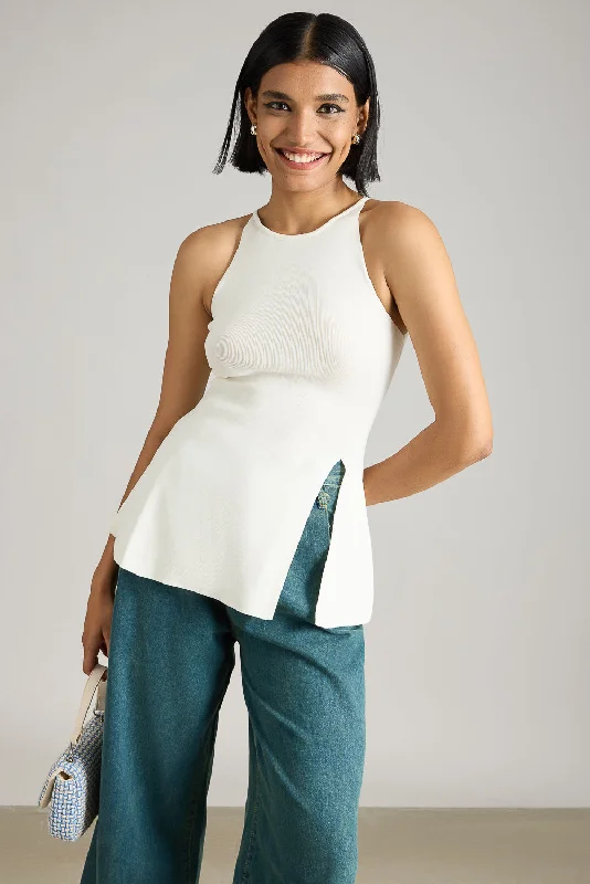 Relaxed Style White Flared Long Top With Slit