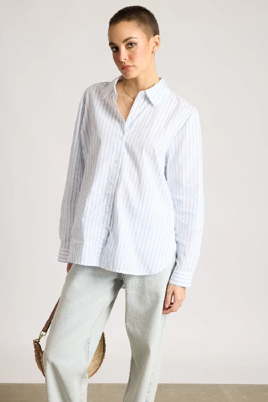 Discount Extravaganza Relaxed Fit Cotton Women's White Shirt With Blue Stripes