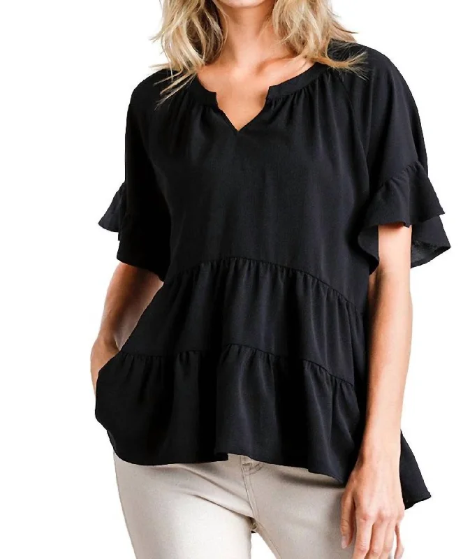 Exclusive Discount Mandarin Tiered Ruffle Top In Black