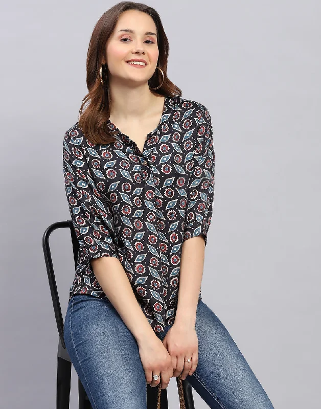 Street Chic Discounts Women Black Printed V Neck 3/4 Sleeve Top