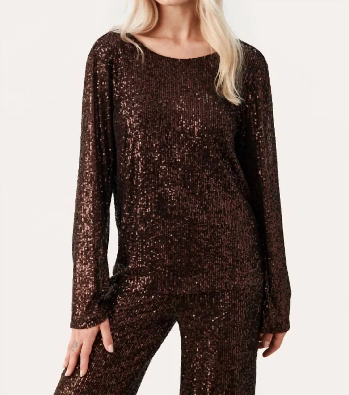 New Styles Just In Darleena Sequined Top In Chocolate Brown