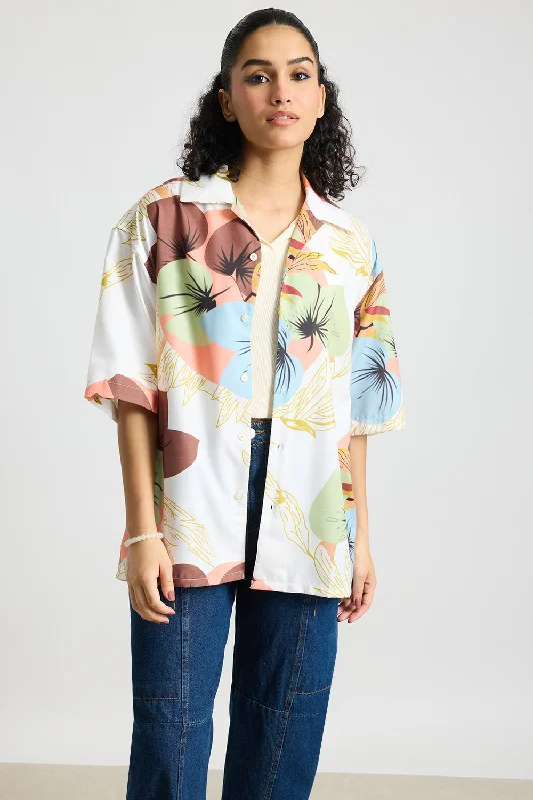 Chic And Trendy Tropical Print Women's Resort Shirt