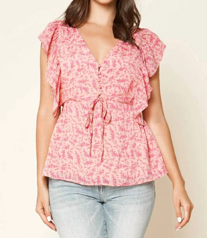 Modern Chic Discounts Button Floral Ruffle Top In Pink