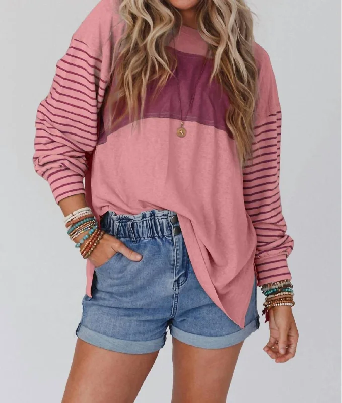 Daring Fashion Promotions Clashing Stripe Bishop Sleeve Top In Peach Blossom