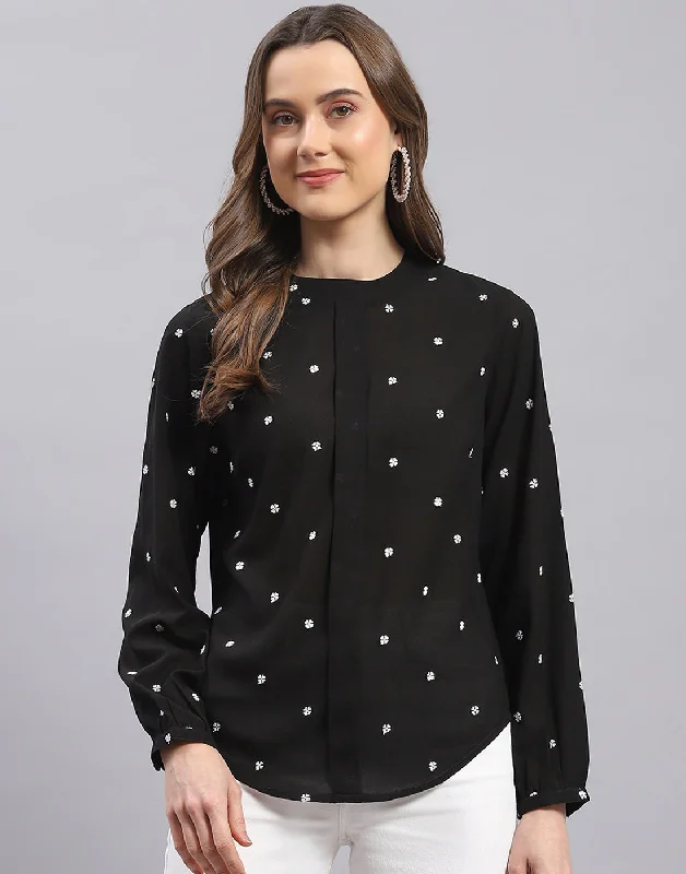 Exclusive Deals Online Women Black Embroidered Round Neck Full Sleeve Top