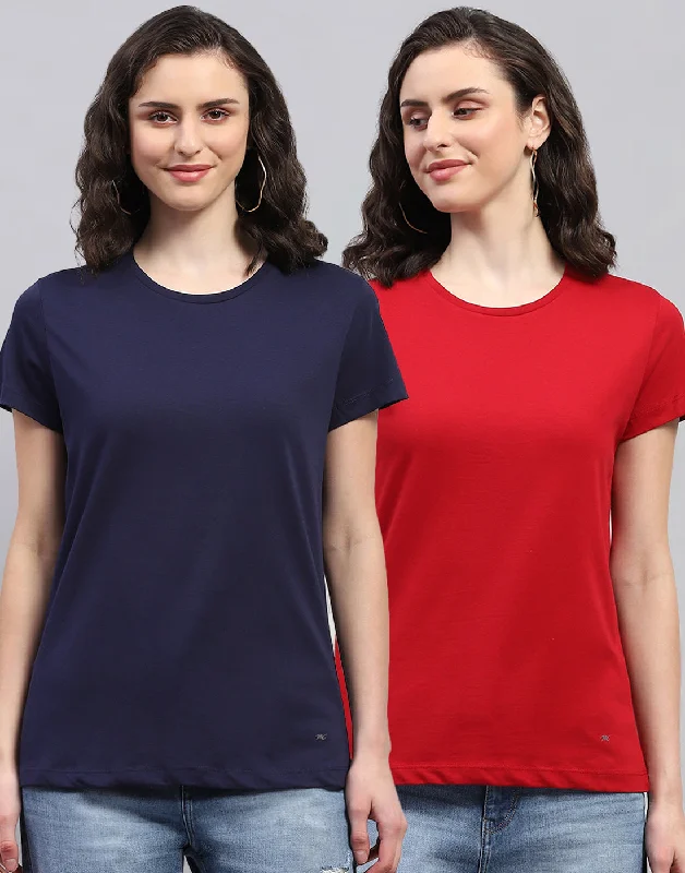 Crazy Discounts, Hurry Up Women Navy Blue & Red Solid Round Neck Half Sleeve Top (Pack of 2)