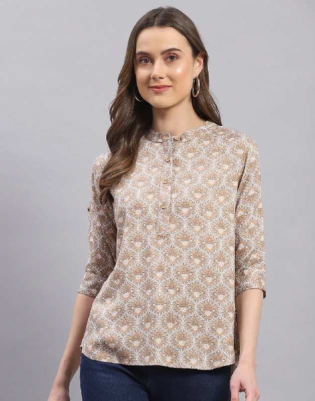 Find Your Unique Flair Women Brown Printed Mandarin Collar 3/4 Sleeve Top