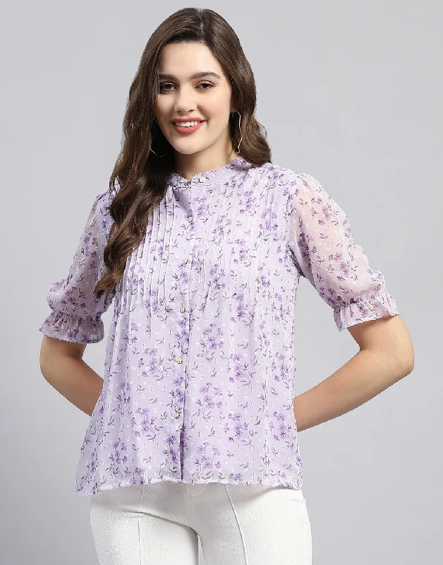 Athleisure Style Sale Women Purple Printed Mandarin Neck Half Sleeve Top