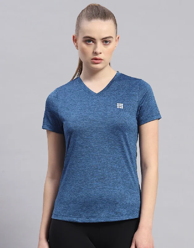 Don't Miss Out Women Navy Blue Solid V Neck Half Sleeve Top