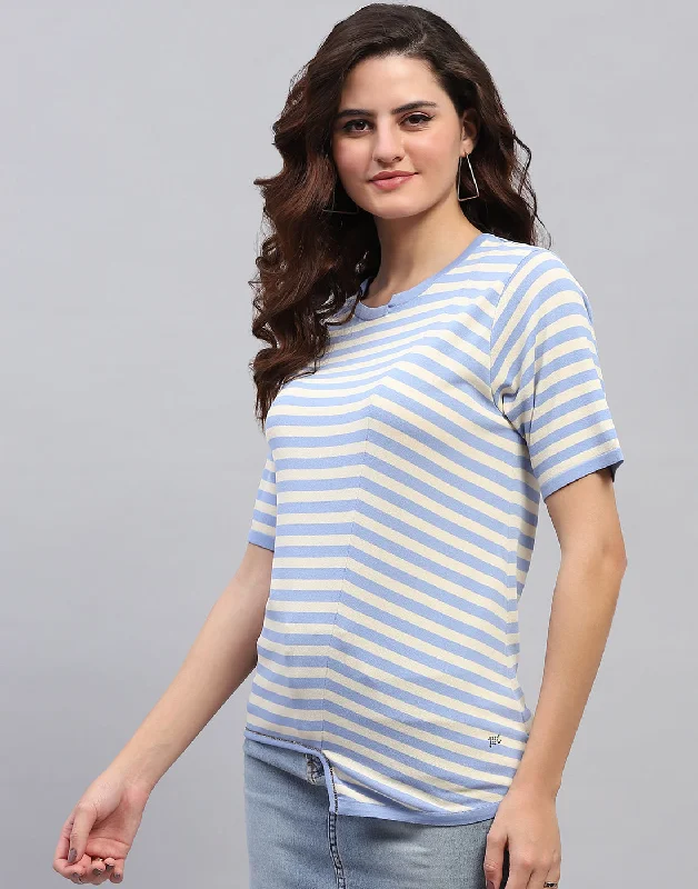 Easy Elegance Sales Women Sky Blue Stripe Round Neck Half Sleeve Top