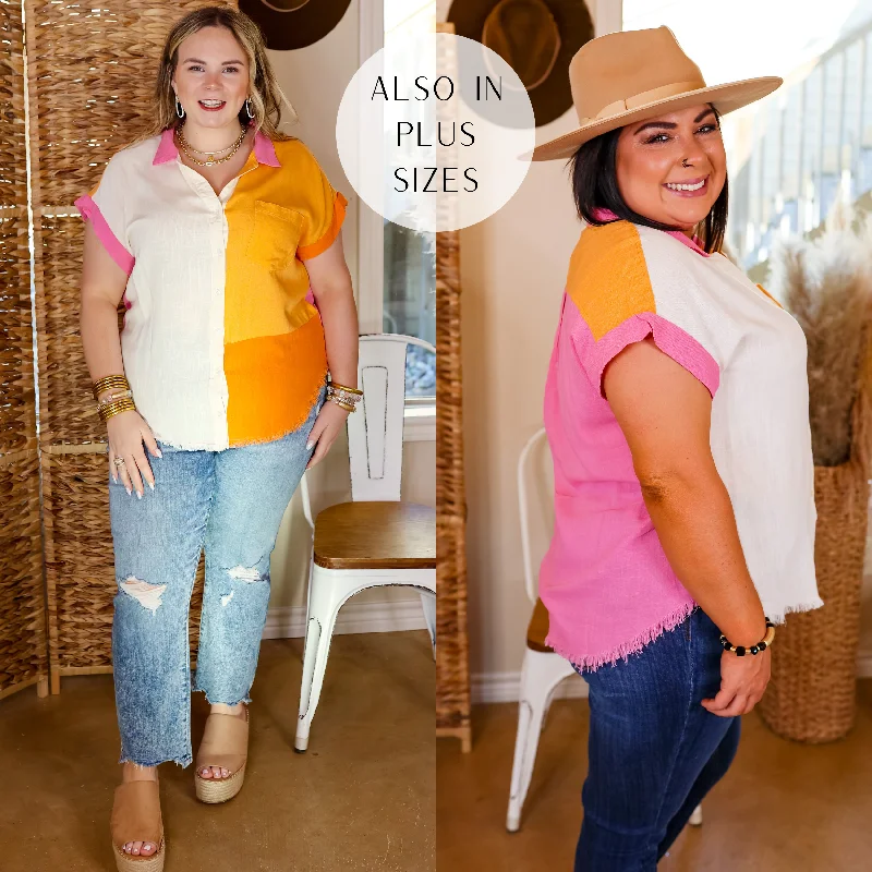 Chic Style, Always In Vogue Easy On Me Button Up Color Block Linen Top in Orange and Pink