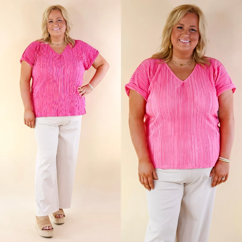 Forward Trendsetter Casual Charm V Neck Plissé Top in Barbie Pink