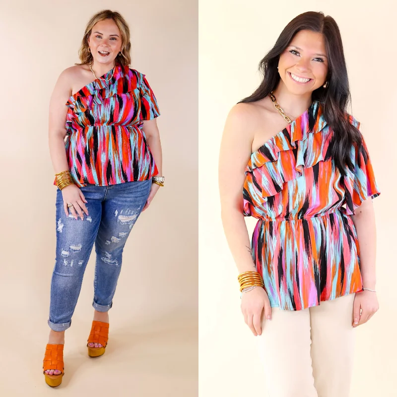 Top Brand Discounts Worth Staying One Shoulder Watercolor Stripe Top in Turquoise and Red Mix