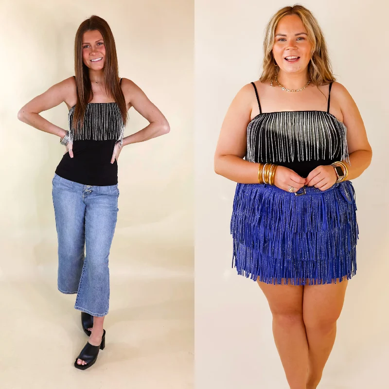 Style Upgrade It Crowd Spaghetti Strap Top with Crystal Fringe in Black