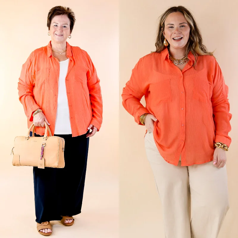 Limited Time Special Offer Effortlessly Charming Button Up With Crepe Fabric Top in Coral Orange