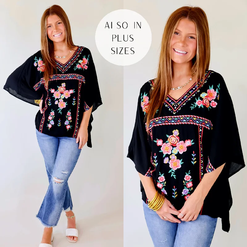 Chic Trend Collection Beautiful Borders Half Sleeve V Neck Floral Embroidered Top in Black