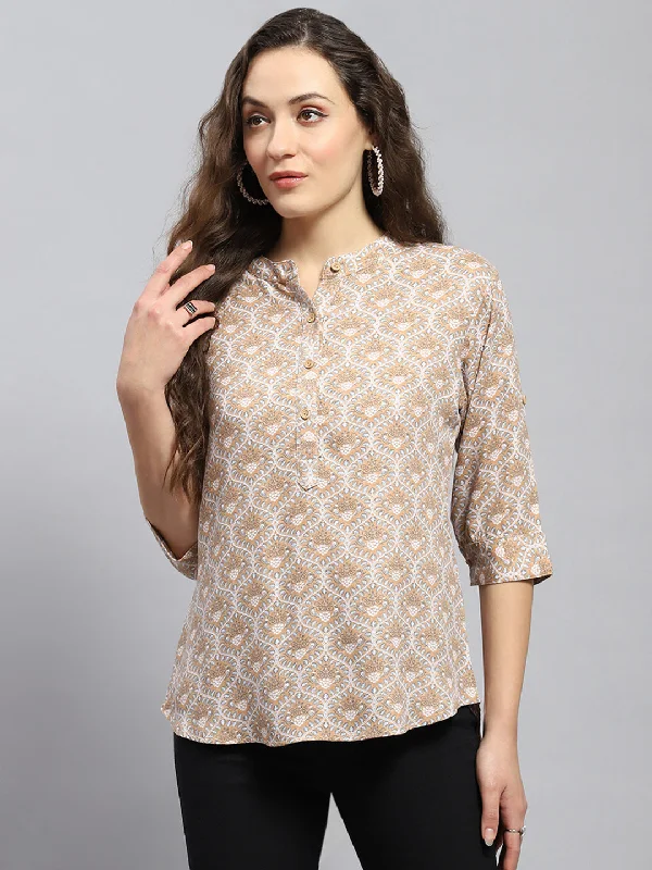 On-Trend Fashion Offers Women Beige Printed Band Collar 3/4 Sleeve Top