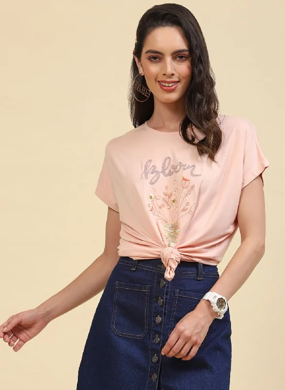 Fast Fashion Favorites Women Peach Embroidered Top