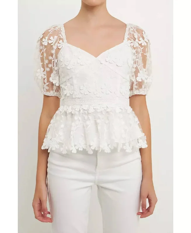 Seasonal Picks Crochet Puff Sleeve Top In White