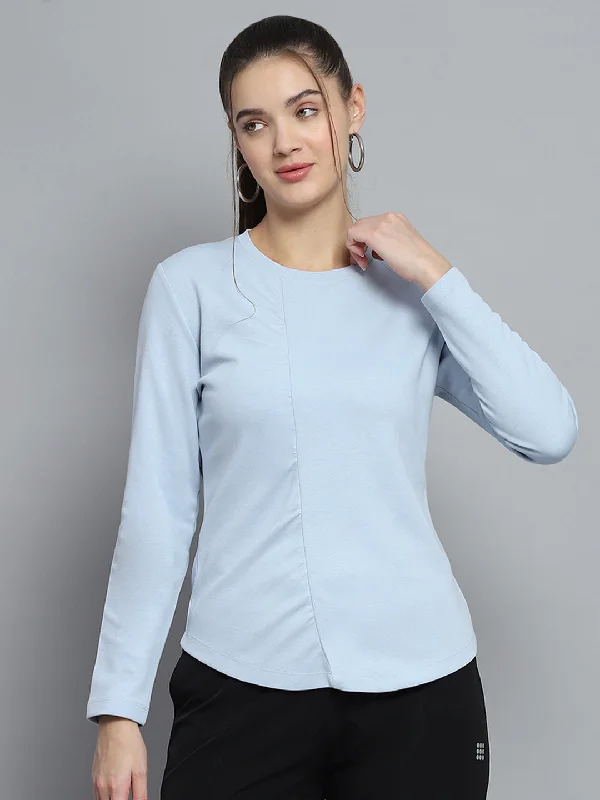 Style Revolution Women Blue Solid Round Neck Full Sleeve Winter Tops