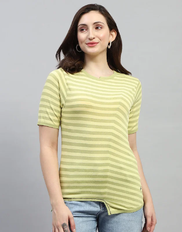 Limited Styles Women Yellow Stripe Round Neck Half Sleeve Top