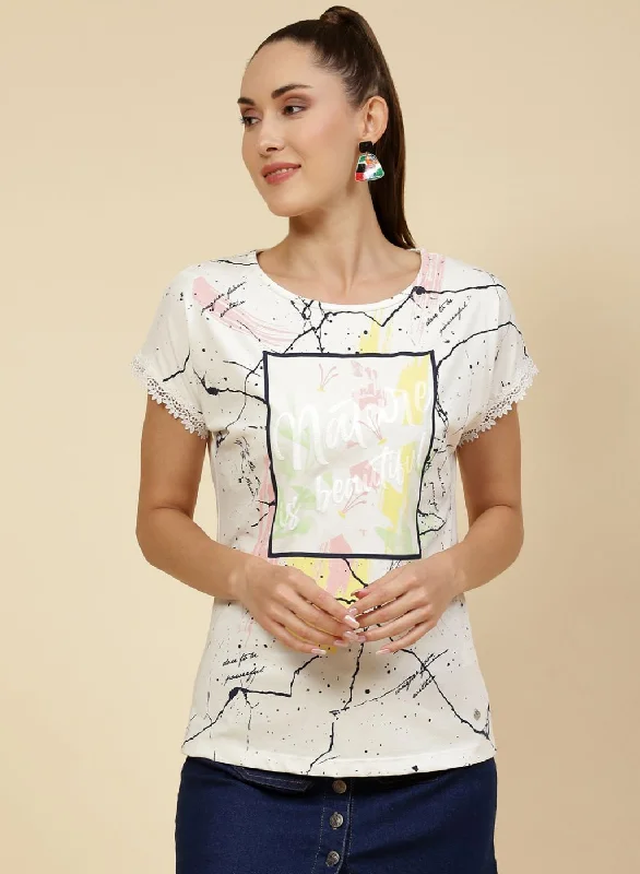 Cozy Chic Promotions Women Off White Printed Top