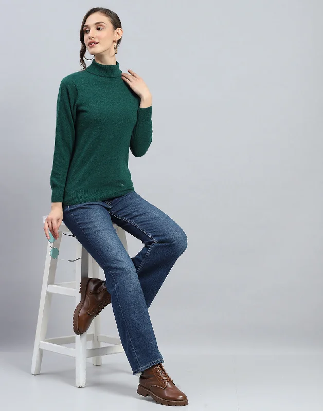 Premium Style Women Green Solid Turtle Neck Full Sleeve Winter Top