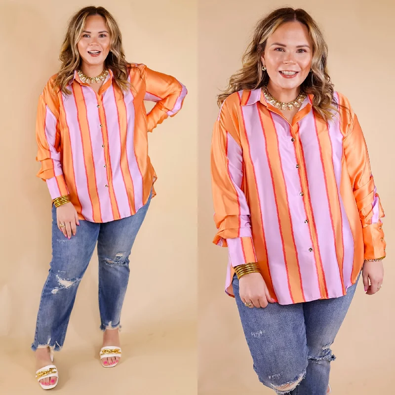 Fashion Deal Match My Energy Striped Button Up Top in Lavender Purple and Orange