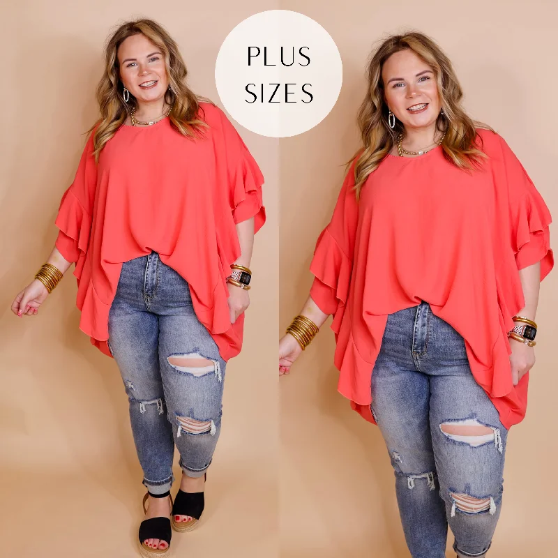 Contemporary Casual Deals Plus Sizes | Sip of Spring Ruffle Sleeve Shift Top with V Neckline in Coral Pink