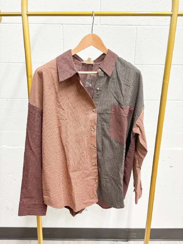 Trendy Pulse Plaid Button Up Top In Brown Mix