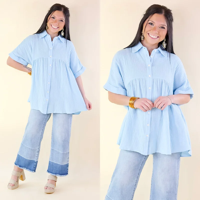 Stupidly Low Prices Mellow Mood Collared Button Up Babydoll Top in Airy Blue