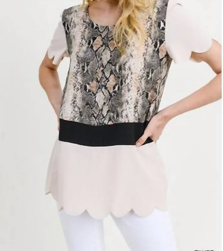 Comfortable Chic Snake Print Colorblock Scalloped Top In Brown