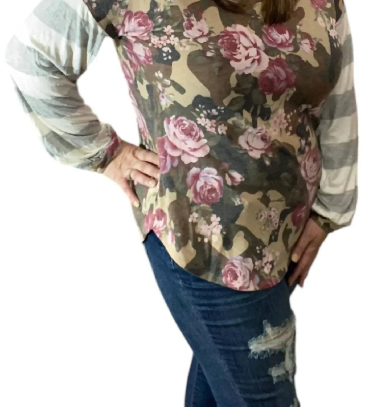 Fresh Styles, Fresh Deals Camo And Floral Puff Sleeve Top In Green